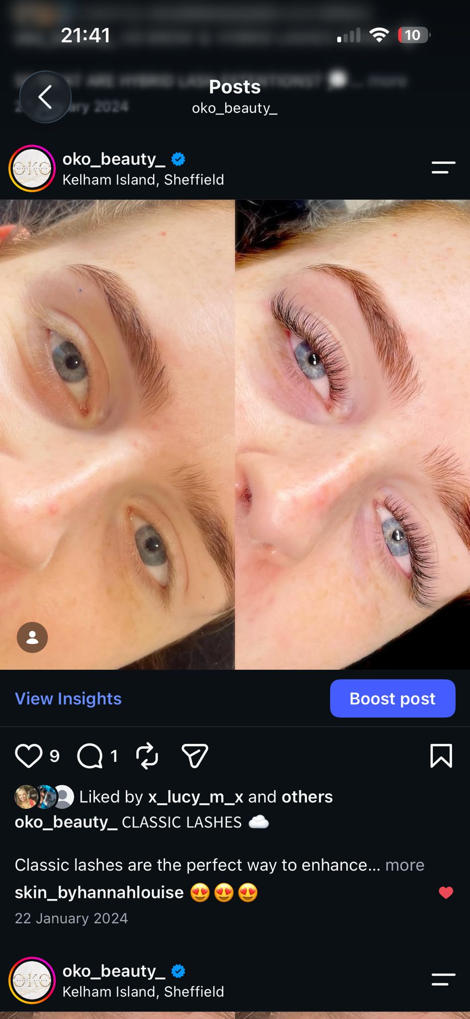 Side-by-side before and after classic lash extensions
