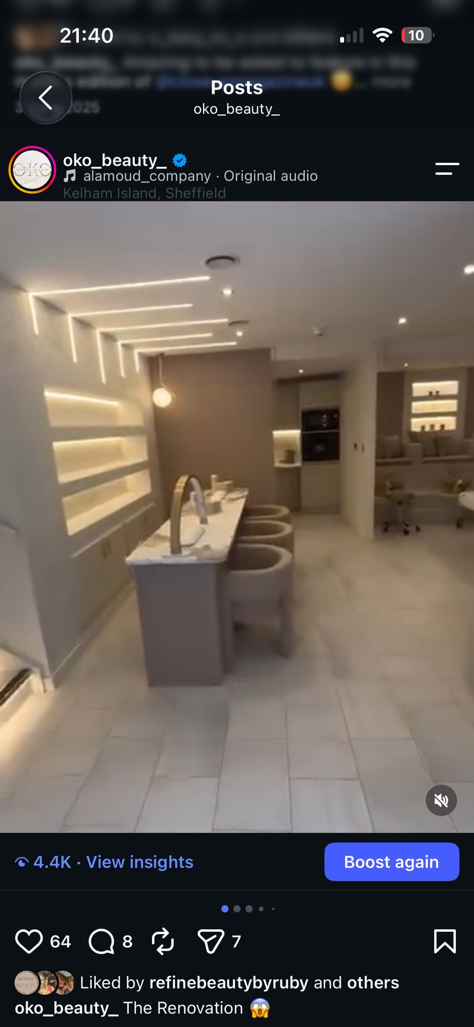 OKO’s cream and champagne salon interior, with illuminated shelving and manicure stations